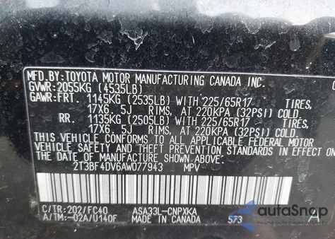2010 Toyota Rav4 from USA, damaged, VIN 2T3BF4DV6AW077943